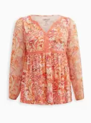 Torrid Babydoll Fabric Mix Balloon Chiffon Sleeve Top Plus Size 5 5X 28 #D56653