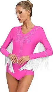 [RUNQHUI] Women Jazz Salsa Latin Dance Leotard Cutout Back Rhinestones Fringe Tassel Bodysuit for Performance