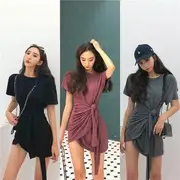 Short-Sleeve Crew-Neck Plain Slim-Fit A-Line Mini Wrap Dress Gray - One Size