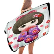 Cute Japanese Girl Wearing Kimono and Folding Fan Microfiber Beach Towel
