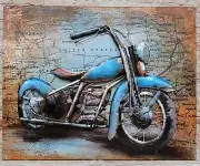 Blue Vintage Motorcycle Hanging Wall Art Metal Canvas Painting Mixed Media Decor