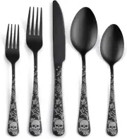 40 Pcs Skull Pattern Matte Silverware Set for 8 Black Flatware Set Service for 8