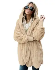 Fuzzy Fleece Open Front Hooded Cardigans - Apricot