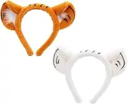 CheeseandU 2Pack Tiger Year Headbands - Cute Fashion Fluffy Soft Plush Ear Headwears for Women Girls - Makeup and Face Washing Headband - Safari Birthday Party Photo Props - Yellow & White