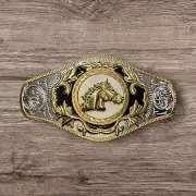 Cowboy/Charro Belt Buckle For Man-Horse Head 6.25"x3.25" Silver Tone/Black/Gold