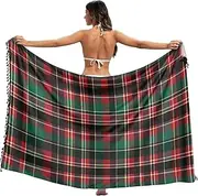 [XYMZR] Women's Sarong Swimsuit Coverups Red Green Plaid Fabric Chiffon Bikini Wraps Skirt with Tassels L