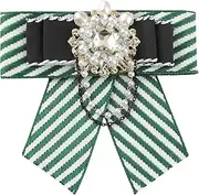 [Elerevyo] Women's Striped Rhinestone Bow Tie Fashion Faux Pearl Bow Tie Pin with Hanging Chain