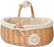 qwmvhfg, Picnic Basket, Natural Woven Basket with Folding Handles, Organizer Blanket Storage for Egg Gathering, Wedding, Candy Gift & Toy