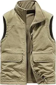 [Generic] Men's Double-Sided Vest Outdoor Fleece Lightweight Sleeveless Jacket Multi Pocket Zipper Workwear Outerwear, Khaki, Medium