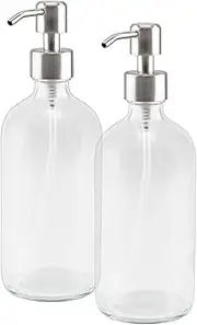 16-Ounce Clear Glass Boston Round Bottles w/Stainless Steel Pumps (2 Pack) Great for Essential Oils Lotions Liquid Soaps