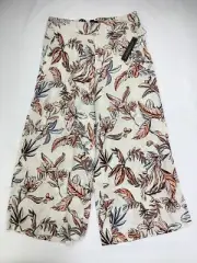 TAHARI Cropped Wide-Leg Pull On Pants 100% Linen Floral Pattern Large NEW