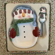 Christmas Cheese Plate And Knife Set Hand-Painted Snowmen NIB Ceramic