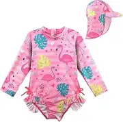 [XFGIRLS] Baby/Toddler Girls Swimsuit Long Sleeve One-Piece Bathing Suit with Snaps Rash Guard for Kids UPF 50+ Swimwear and Hat