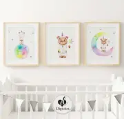 Girl Nursery Wall Art Prints Unicorn Bear on rainbow moon set of 3 girl bedroom