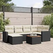 7 Piece Garden Sofa Set with Cushions Black Poly Rattan Outdoor Patio Furniture Set | 62 x 62 x 69 cm Modular Design with Storage, UV Resistant, Durable Acacia Wood Table, Versatile