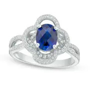 Oval Lab-Created Blue and White Sapphire Clover Frame Criss-Cross Shank Ring in Sterling Silver