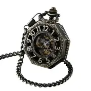 ShoppeWatch Skeleton Pocket Watch with Chain Bronze Octagon Case Steampunk