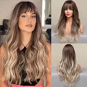 Wig with Bangs Long Curly Wigs for Women Natural Synthetic Wig for Daily Use (Brown to Blonde)