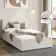 Oikiture Bed Frame King Single Size Gas Lift Storage Base Boucle Fabric Material White