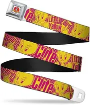[Buckle-Down] Looney Tunes Belt, Seatbelt Buckle Belt, Tweety Bird Poses Cute Little Yellow Bird Yellow Pink