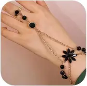 [fxmimior] Black Rhinestones Bracelet with Ring Black Bangle Bracelet Gothic Halloween Black Crystal Charm Steampunk Black Chain Tassel Bracelet Rings for Women, Large, alloy