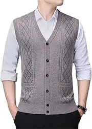 [Fulbant] Men Elderly Wool Geometric Vest Cardigan Jacquard Sweater Thick Sweater Vest Khaki9 XL