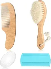 Baby Hair Brush and Comb Set, 4 in 1 Wooden Natural Goat Bristles Brush+Comb+ White Cradle Cap Brush Grooming Kit for Newborns Toddlers Boys Girls
