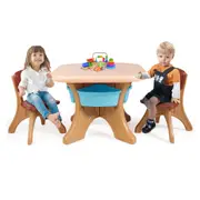 Babyjoy Kids Tables & 2 Chairs Set w/4 Detachable Storage Box Plastic Children Activity Study Desk Brown