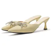 Nevenka Womens Slide Sandals Fashion Rhinestone Bow Closed Toe Low Heels-Beige