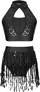 [Jhaoyu] Girls Dance Outfits 2 Piece Halter Neck Tank Top With Sequins Tassel Fringe Shorts For Jazz Latin Samba Tango