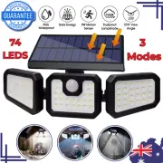 3 Head 74LED Solar Motion Sensor Light Outdoor Garden Fence Security Flood Lamp