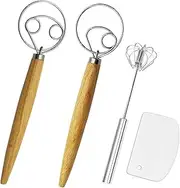 Listenman Danish Dough Whisk Bread Mixer&Egg Whisk Kits, 2 Pack Premium Stainless Steel Dutch Whisk & 1 Pack Hand Push Rotary Whisk Blender with a Dough Scraper for Bread, Pastry or Pizza Dough Whisk