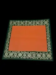 Orange Nylon Handmade Chatai/Mat With Green & Golden Sequins Work On The Trim