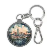 San Diego California Skyline Round Acrylic Keyring, Baggage Tag, Zipper Charm