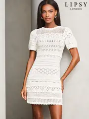 Lipsy White Crochet Fit and Flare Short Sleeve Summer Mini Dress (AY9282) | $134