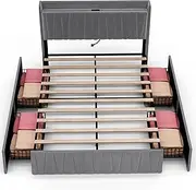 [Ufurniture] Double Size Bed Frame, Tufted Headboard & Charging Station and USB Ports,4 Storage Drawers,Upholstered Platform Bed with Wood Mattress Base Support, No Box Spring Needed (Grey, Double)