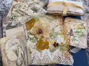 JUNK JOURNAL cover kit + EPHEMERA LOT MAGNIFICENT PAPER PILE lace PIECES beads