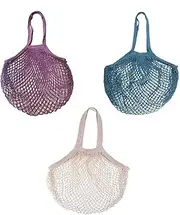 TJHypenete 3 Pcs Mesh Produce Bags, Reusable Long Handle Grocery Bags，Ecology Cotton Mesh Grocery Bags, Cotton String Bags, Shopping Net Bags, Washable Mesh Tote for Farmers Market, Beach Trip