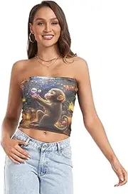[RPLIFE] Monkey with Bubbles Orange Tube Top, Strapless Tops for Women Summer, Sheer Tube Tops, Trendy Crop Tops (S)