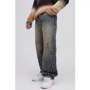 Mens Stonewash Relaxed Fit Stone Washed Tribal Applique Jeans