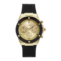 在飛比找momo購物網優惠-【GUESS】黑金色系 三眼日期顯示 黑色矽膠錶帶 手錶 男