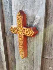 Handcrafted Jarrah Christian Cross - Elegant Floral Carvings - Australian Made