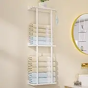Cozivolife Towel Rack Bamboo for Bathroom, 3 Tier 32.7 inch with 2 Hooks and Shelf Wall Mounted Towel Storage Organizer Shelf, Large Capacity Towel Holder (White)