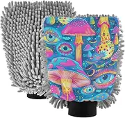 XYMZR Mushrooms Eyes Colorful Absorbent Microfiber Car Wash Mitt, Funny Cute Anime Scratch Free for Cars Cleaning, Home Cleaning Mitts, 2 Pack, 10.24” L x 7.09” W
