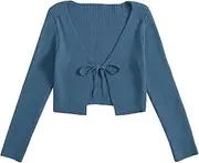 [Floerns] Women's Tie Front Long Sleeve Rib Knit Shrug Sweaters Cardigan Crop Top