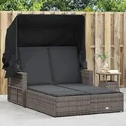 Double Sun Lounger Grey Poly Rattan, Comfortable Beach Chair with Adjustable Backrest, Removable Canopy for Camping, Outdoor Lounge Sofa Furniture and Cushions