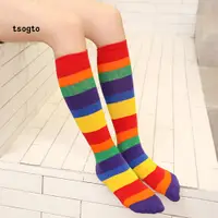 在飛比找蝦皮購物優惠-Tsogto 彩虹色條紋兒童女孩男孩秋季彈力及膝高筒襪絲襪