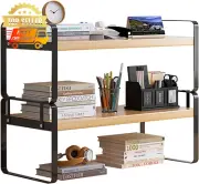 2 Tier Desktop Bookshelf Plant Stand with Metal Frame Wood Board Desk Display Sh