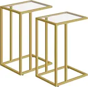 HOOBRO C Shaped End Table Set of 2, Tempered Glass Snack Side Table with Metal Frame, Couch Table, Bedside Table for Small Space, Bed, Modern Style, Gold GD03SFP201
