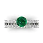 3.0ct Round Cut Pave Emerald Stone Ring Band bridal Set 14k White solid Gold